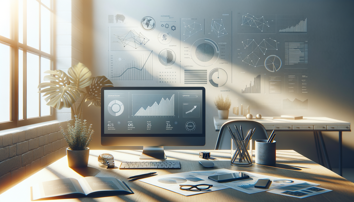 modern workspace with amazon product images, digital charts, and soft natural lighting